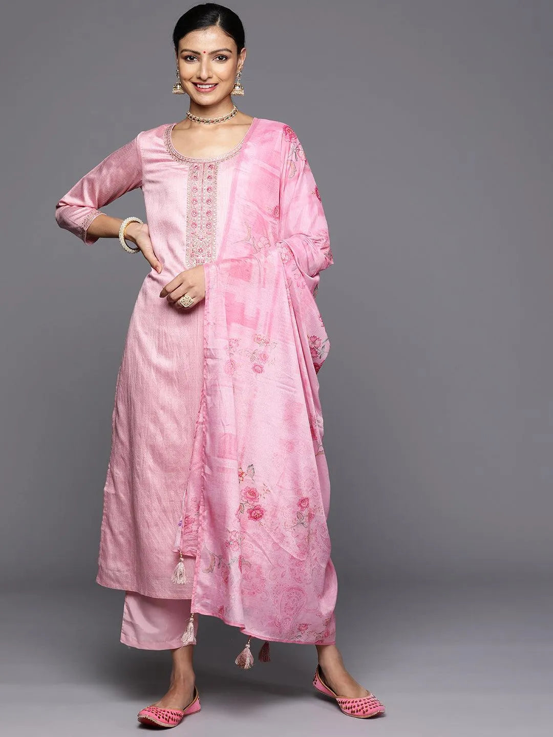 Pink Self Design Rayon Straight Kurta With Trousers & Dupatta - Libas