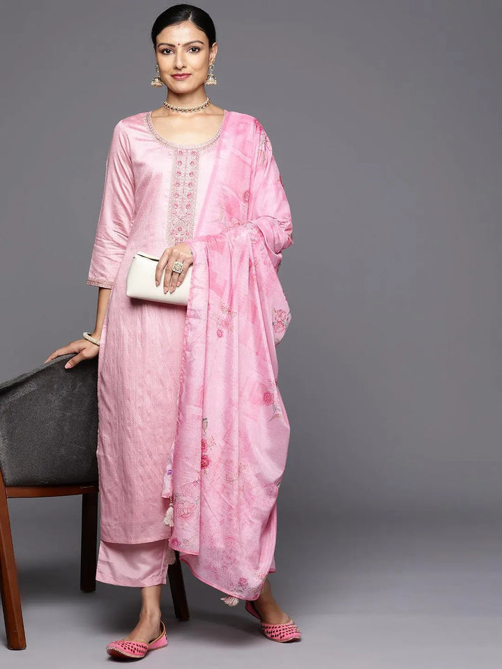 Pink Self Design Rayon Straight Kurta With Trousers & Dupatta - Libas