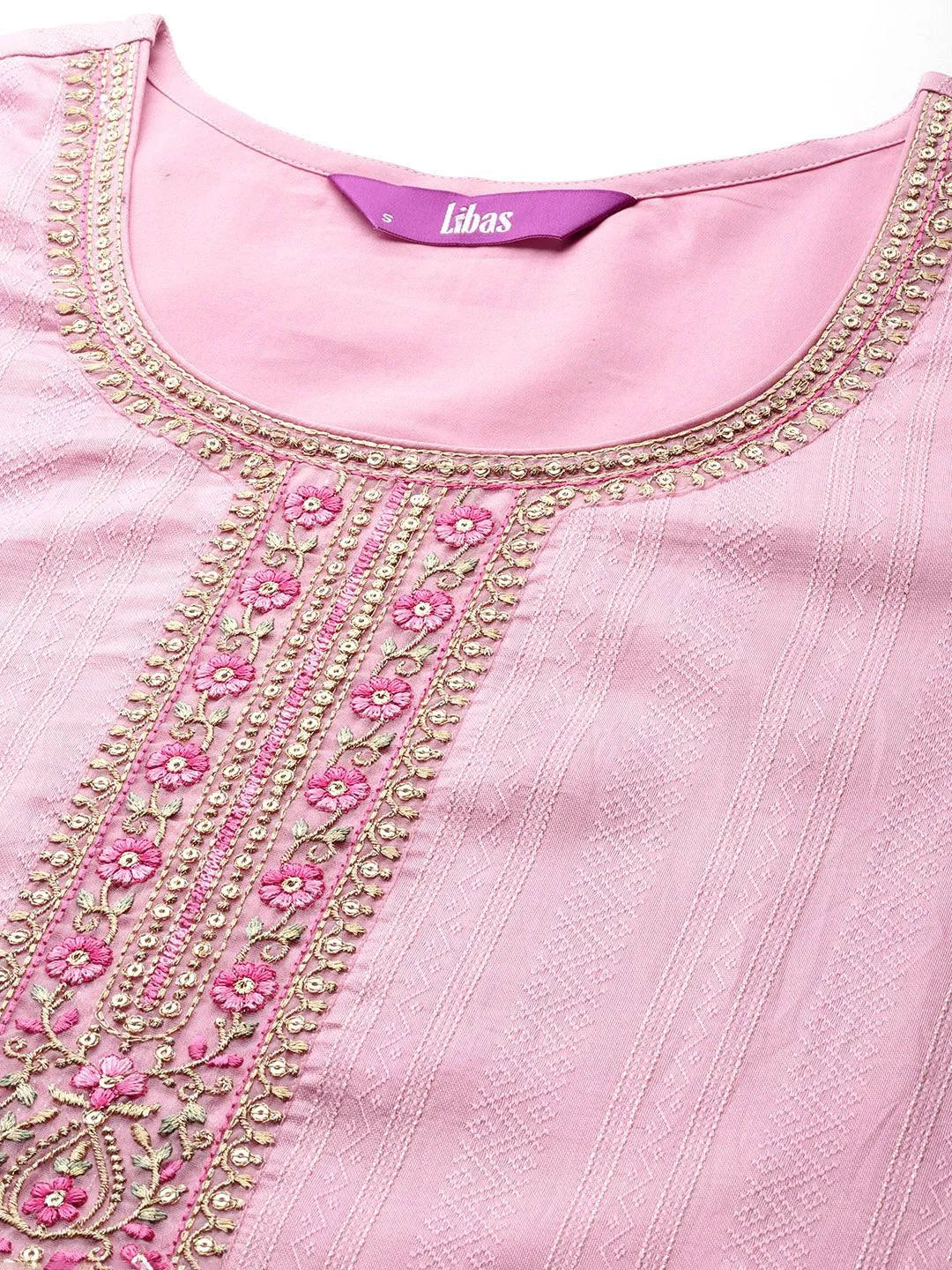 Pink Self Design Rayon Straight Kurta With Trousers & Dupatta - Libas 