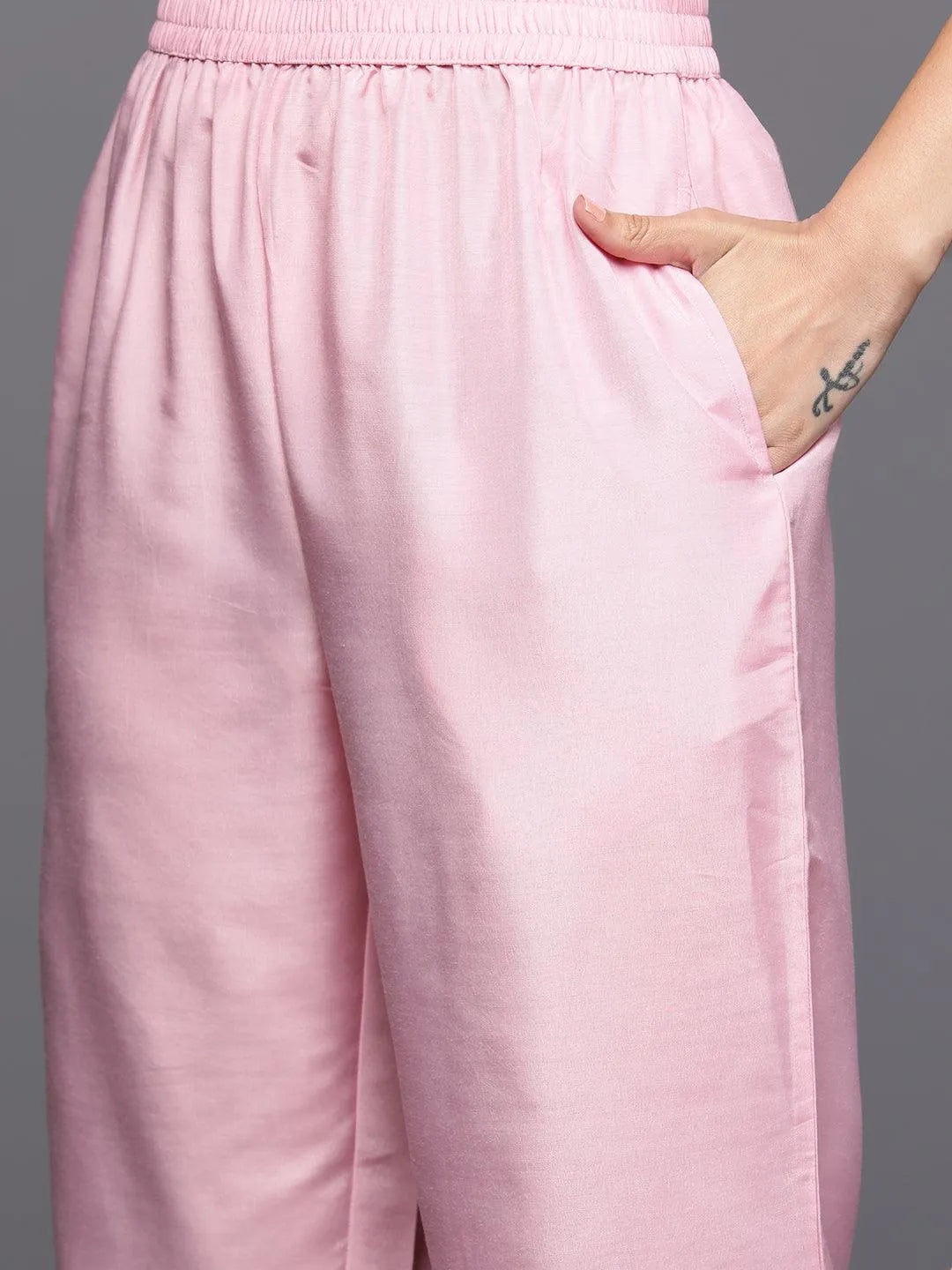 Pink Self Design Rayon Straight Kurta With Trousers & Dupatta - Libas 