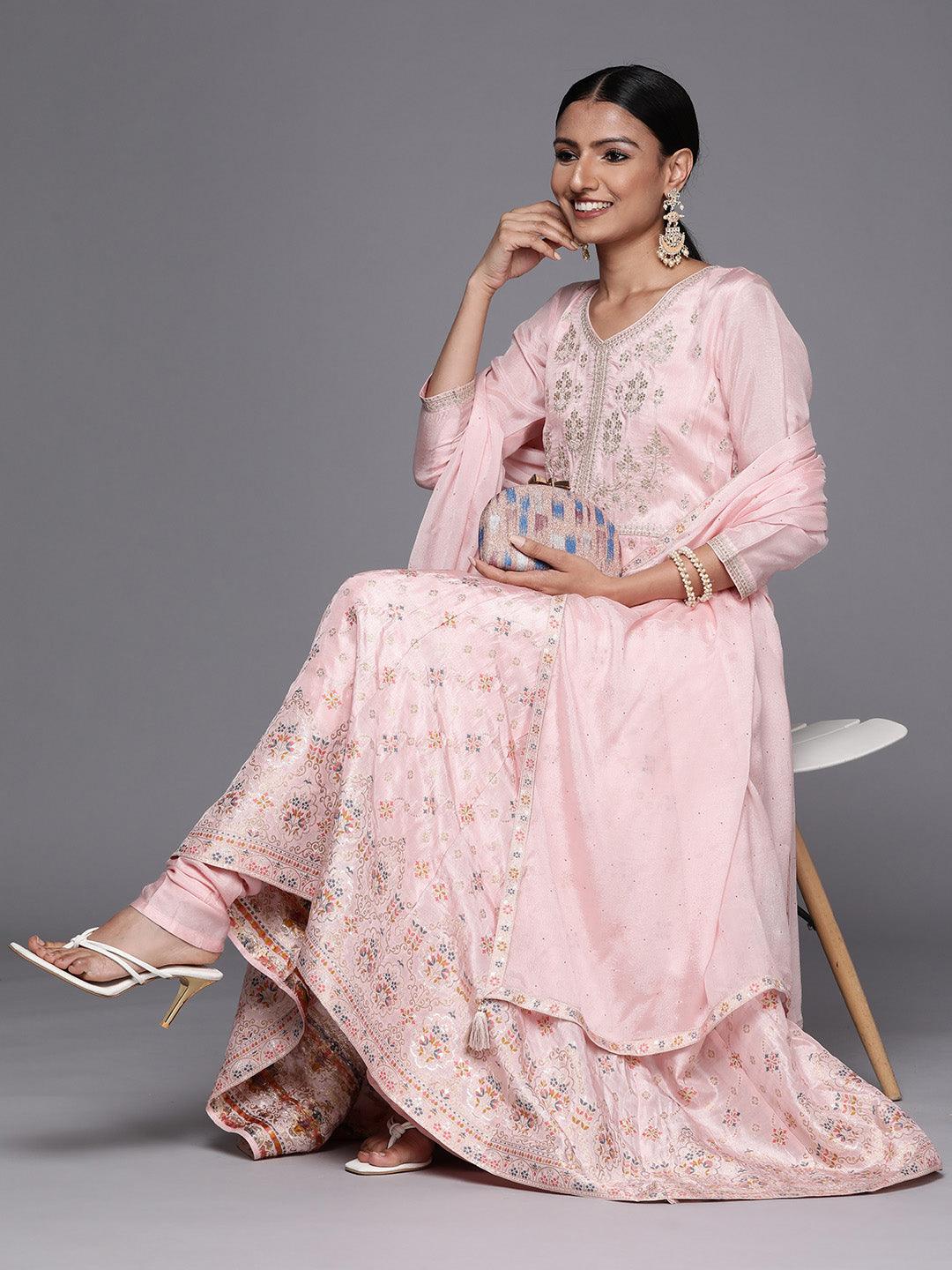 Pink Self Design Silk Anarkali Kurta With Churidar & Dupatta