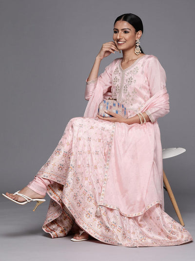 Pink Self Design Silk Anarkali Kurta With Churidar & Dupatta - Libas