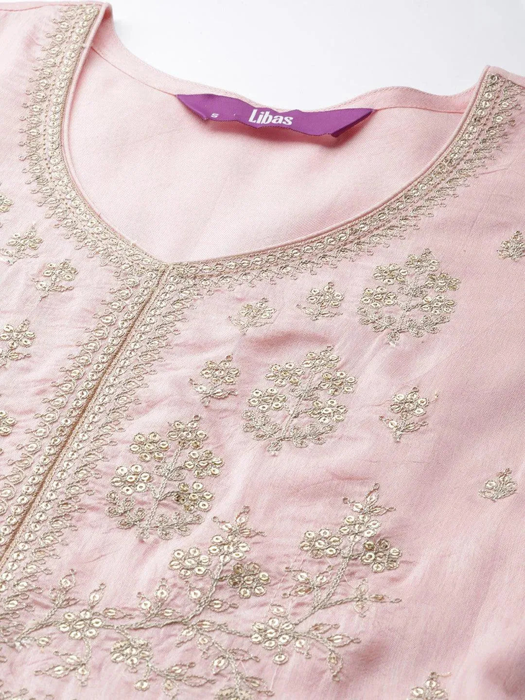 Pink Self Design Silk Anarkali Kurta With Churidar & Dupatta - Libas 