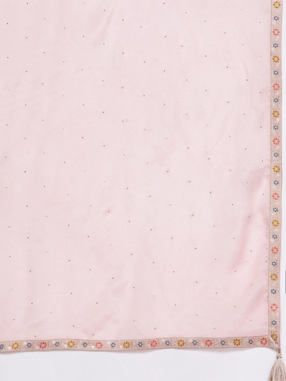 Pink Self Design Silk Anarkali Kurta With Churidar & Dupatta