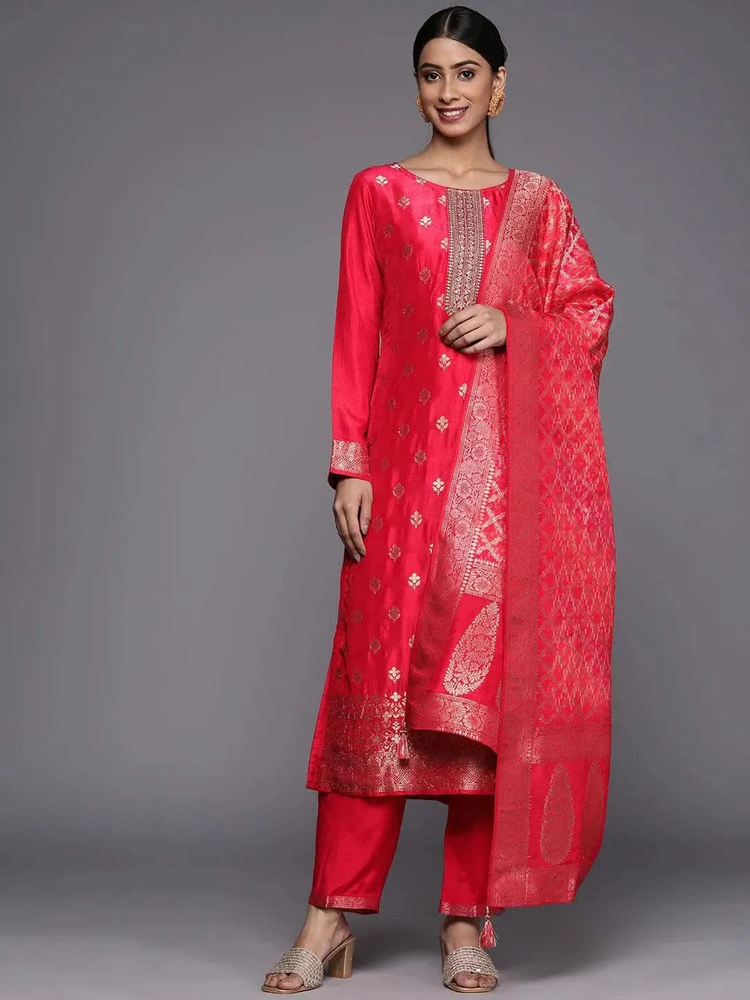 libas Pink Self Design Silk Blend Straight Kurta With Dupatta-picture-19