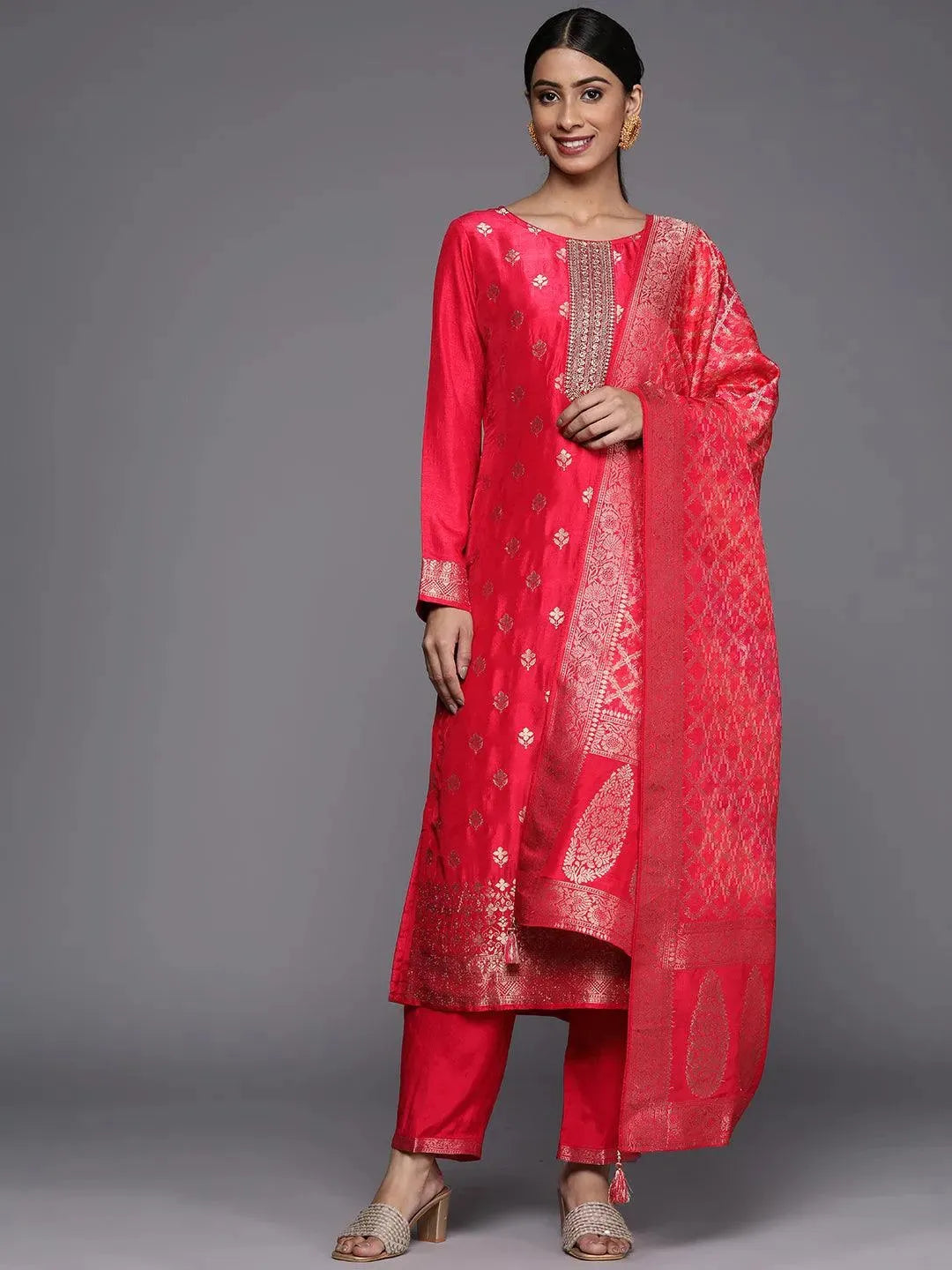 Pink Self Design Silk Blend Straight Suit Set - Libas