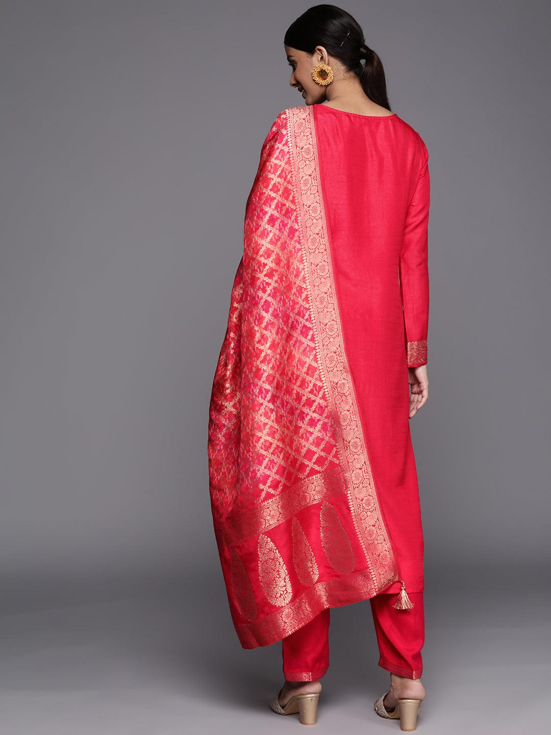 Pink Self Design Silk Blend Straight Kurta With Dupatta