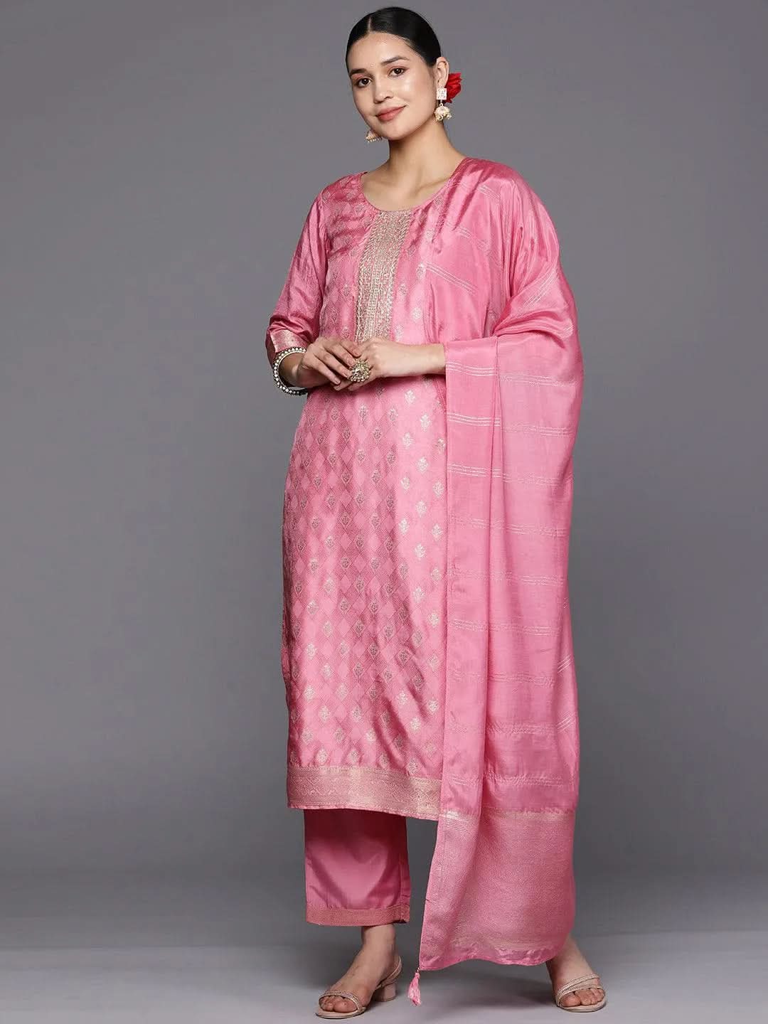 Pink Self Design Silk Blend Straight Suit Set With Trousers - Libas 