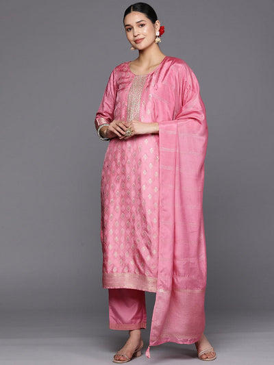 Pink Self Design Silk Blend Straight Suit Set With Trousers - Libas