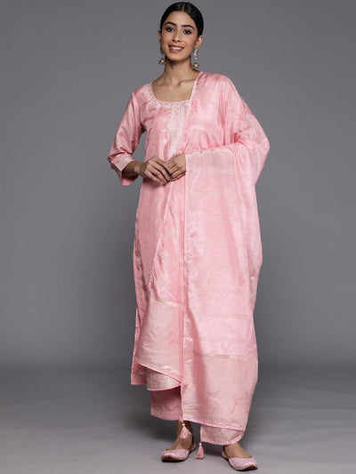 Pink Self Design Silk Blend Suit Set With Trousers - Libas