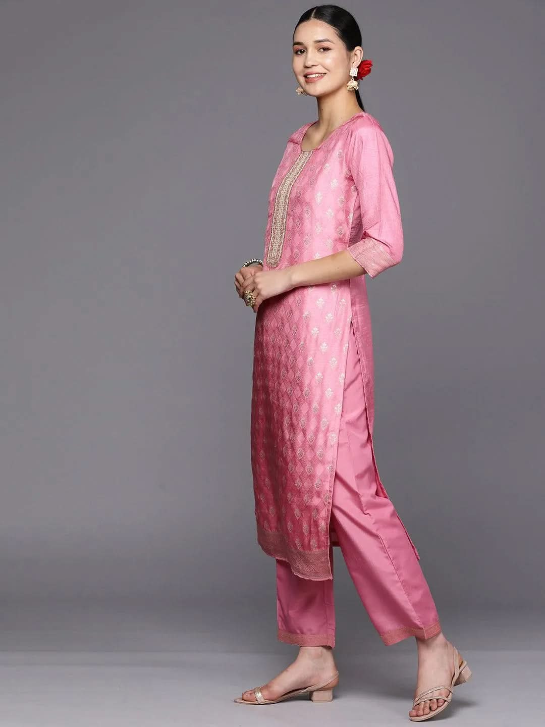 Pink Self Design Silk Blend Straight Suit Set With Trousers - Libas 