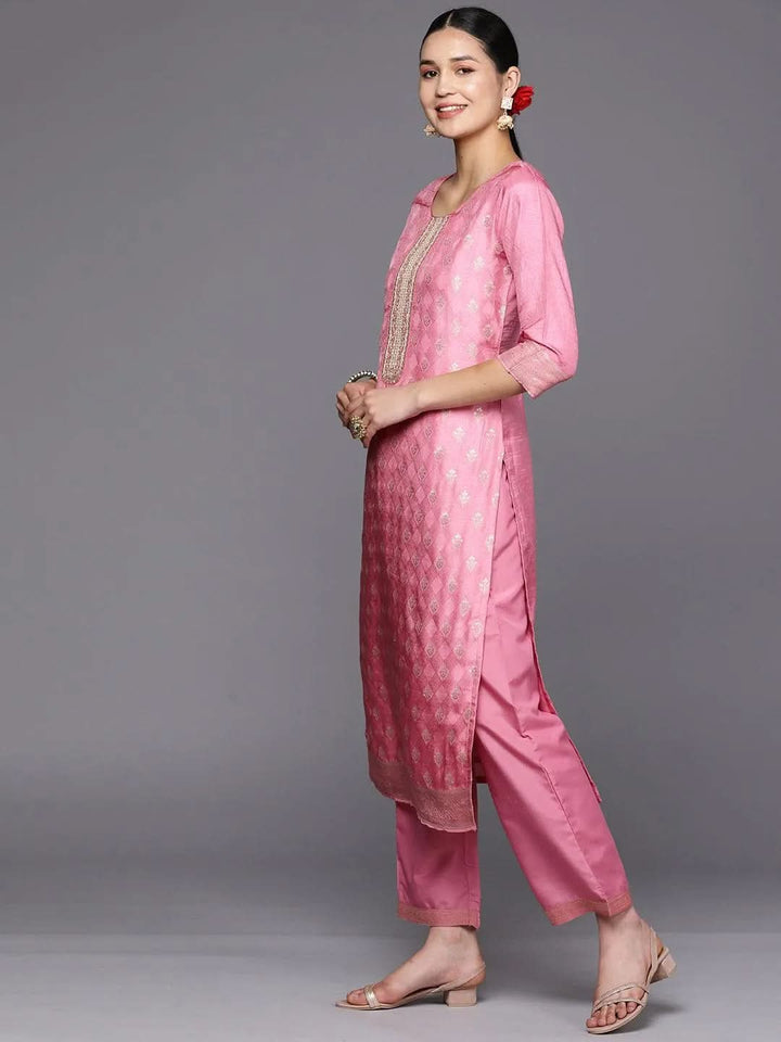 Pink Self Design Silk Blend Straight Suit Set With Trousers - Libas