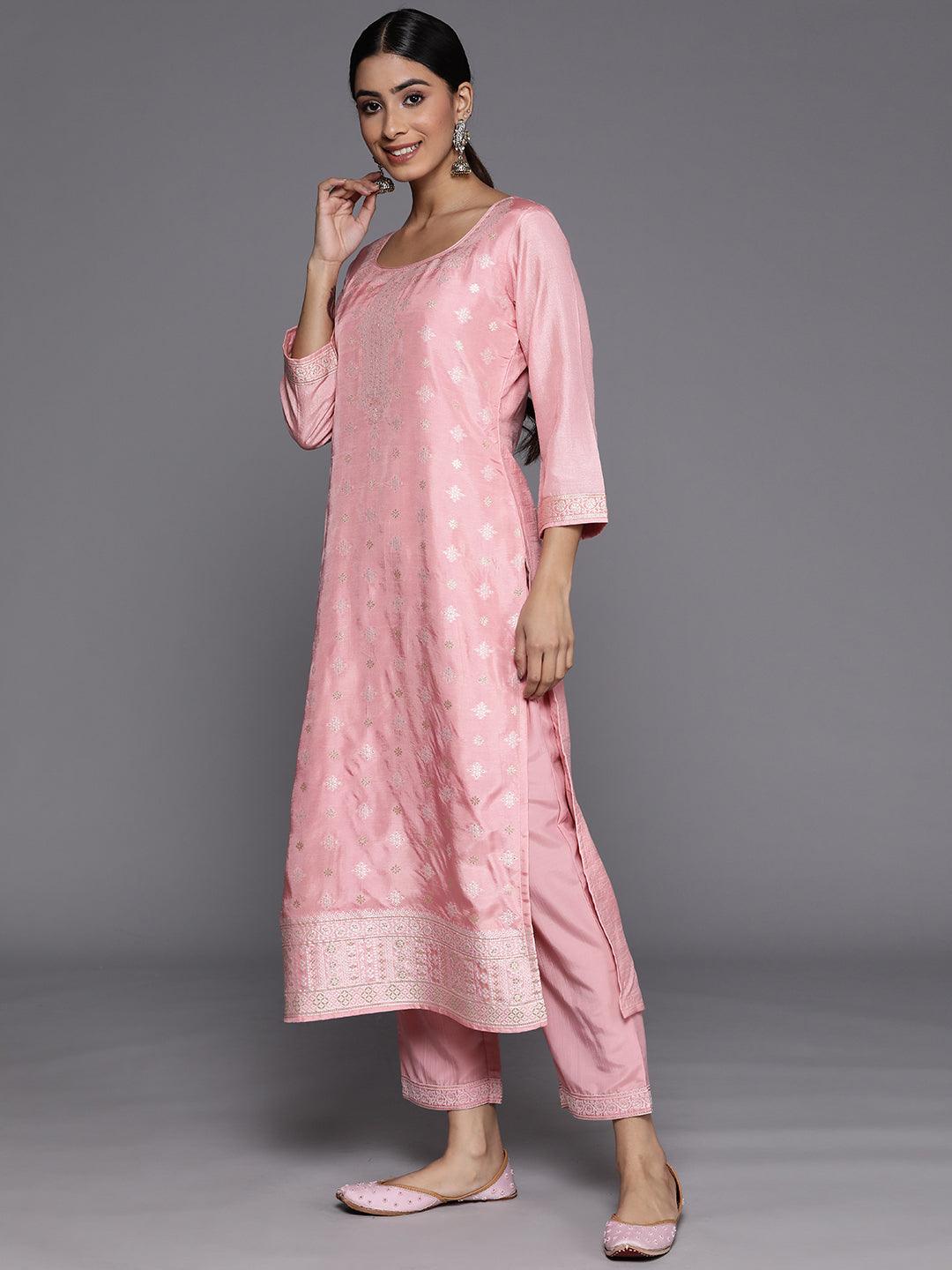 Pink Self Design Silk Blend Suit Set With Trousers - Libas