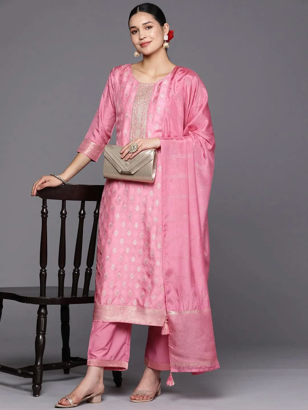 Pink Self Design Silk Blend Straight Suit Set With Trousers - Libas 