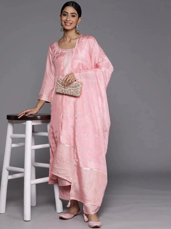 Pink Self Design Silk Blend Suit Set With Trousers - Libas
