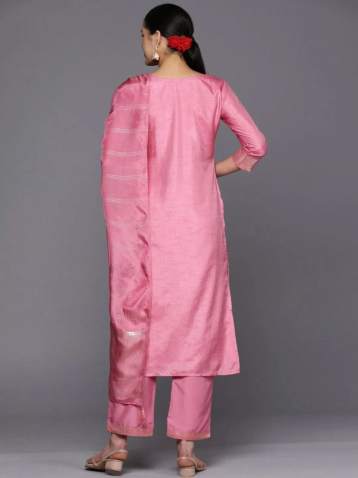 Pink Self Design Silk Blend Straight Suit Set With Trousers - Libas