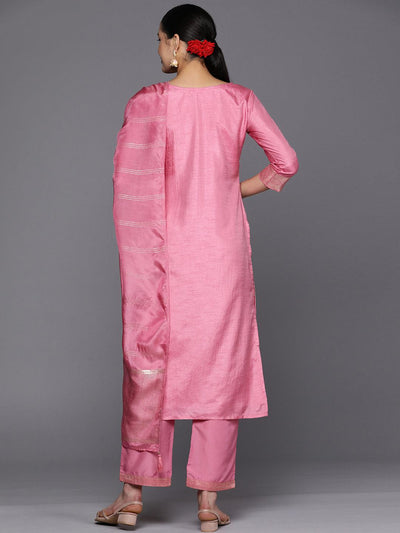 Pink Self Design Silk Blend Straight Suit Set With Trousers - Libas