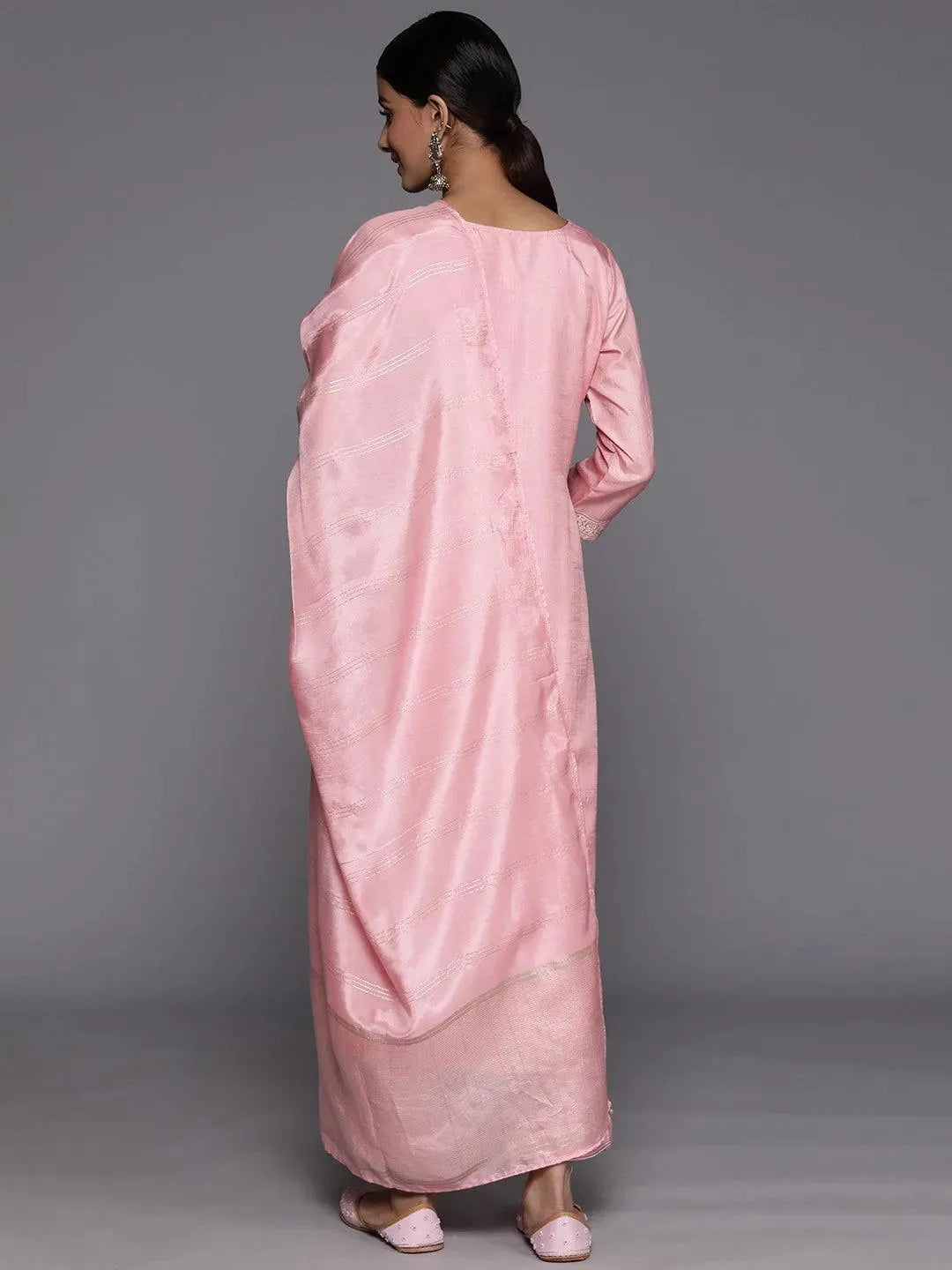 Pink Self Design Silk Blend Suit Set With Trousers - Libas 