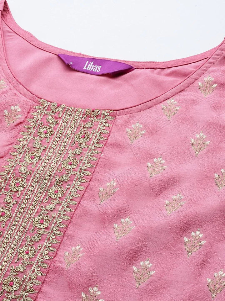 Pink Self Design Silk Blend Straight Suit Set With Trousers - Libas