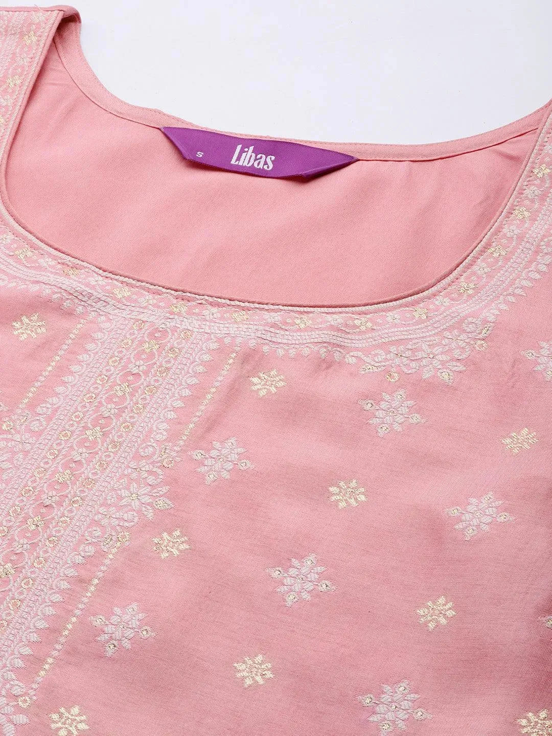 Pink Self Design Silk Blend Suit Set With Trousers - Libas 