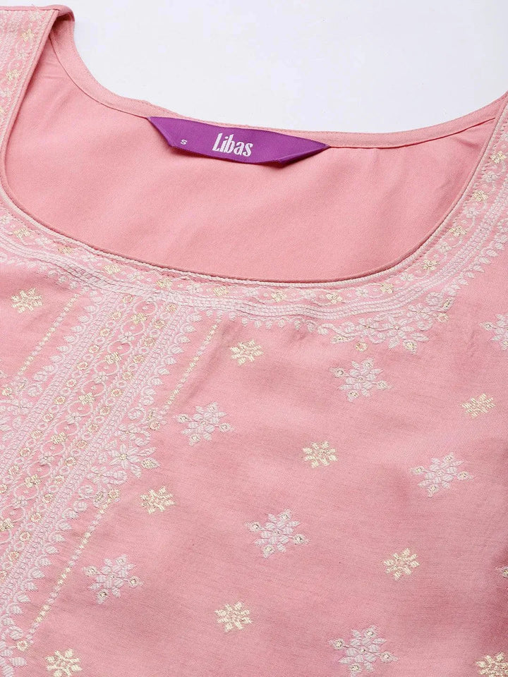 Pink Self Design Silk Blend Suit Set With Trousers - Libas