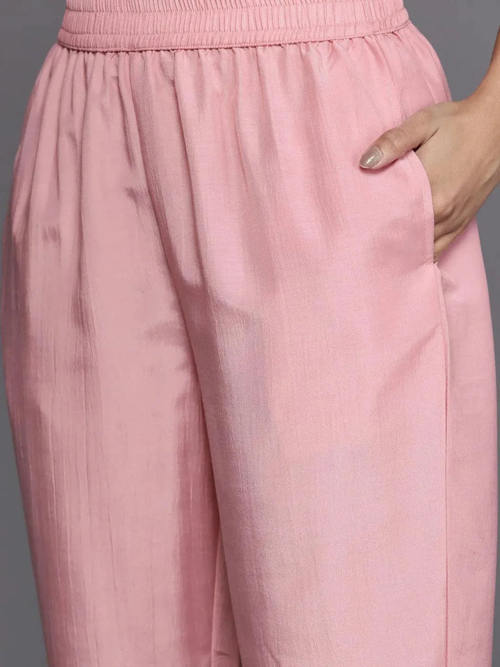 Pink Self Design Silk Blend Suit Set With Trousers - Libas