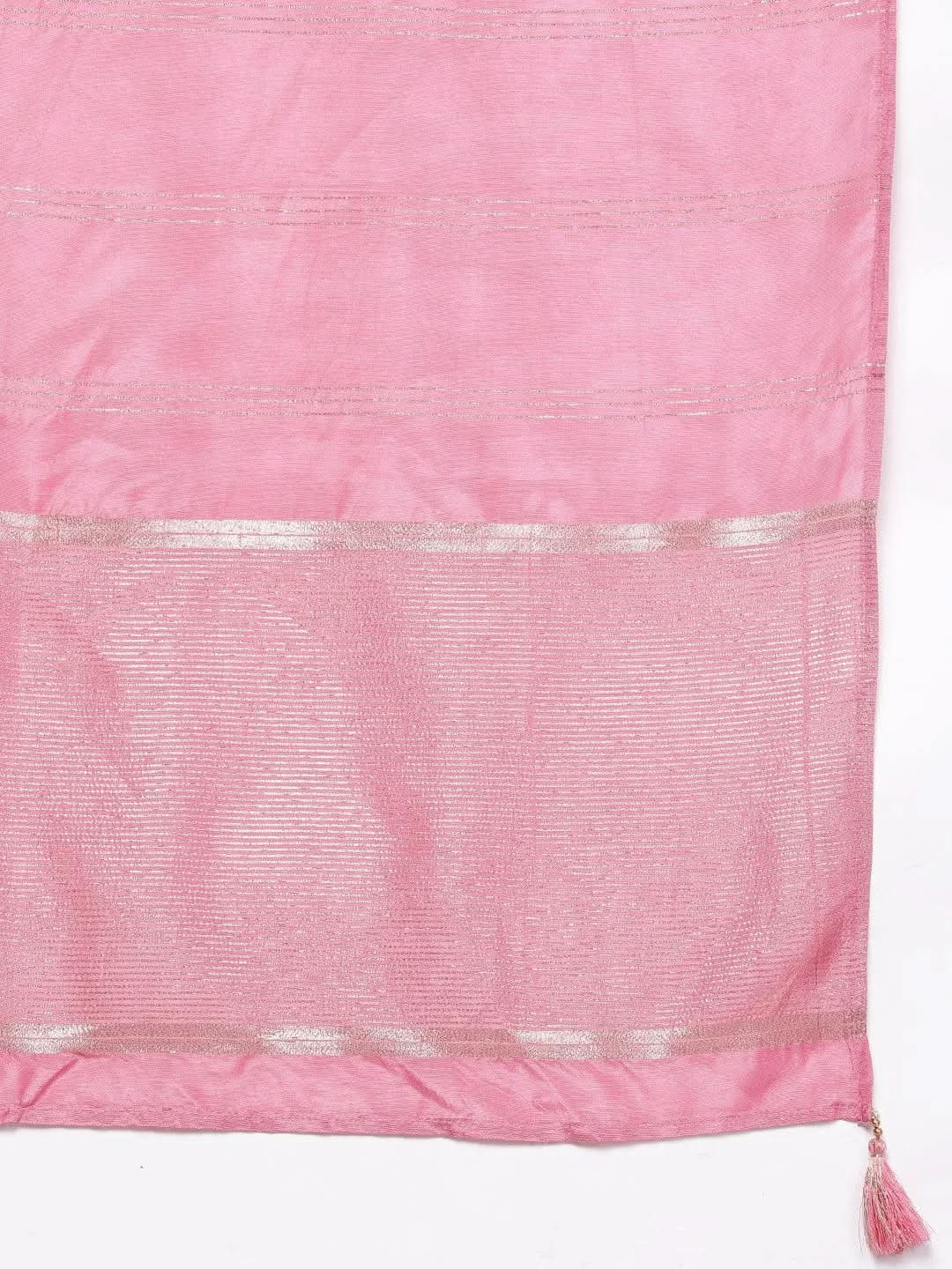 Pink Self Design Silk Blend Straight Suit Set With Trousers - Libas 