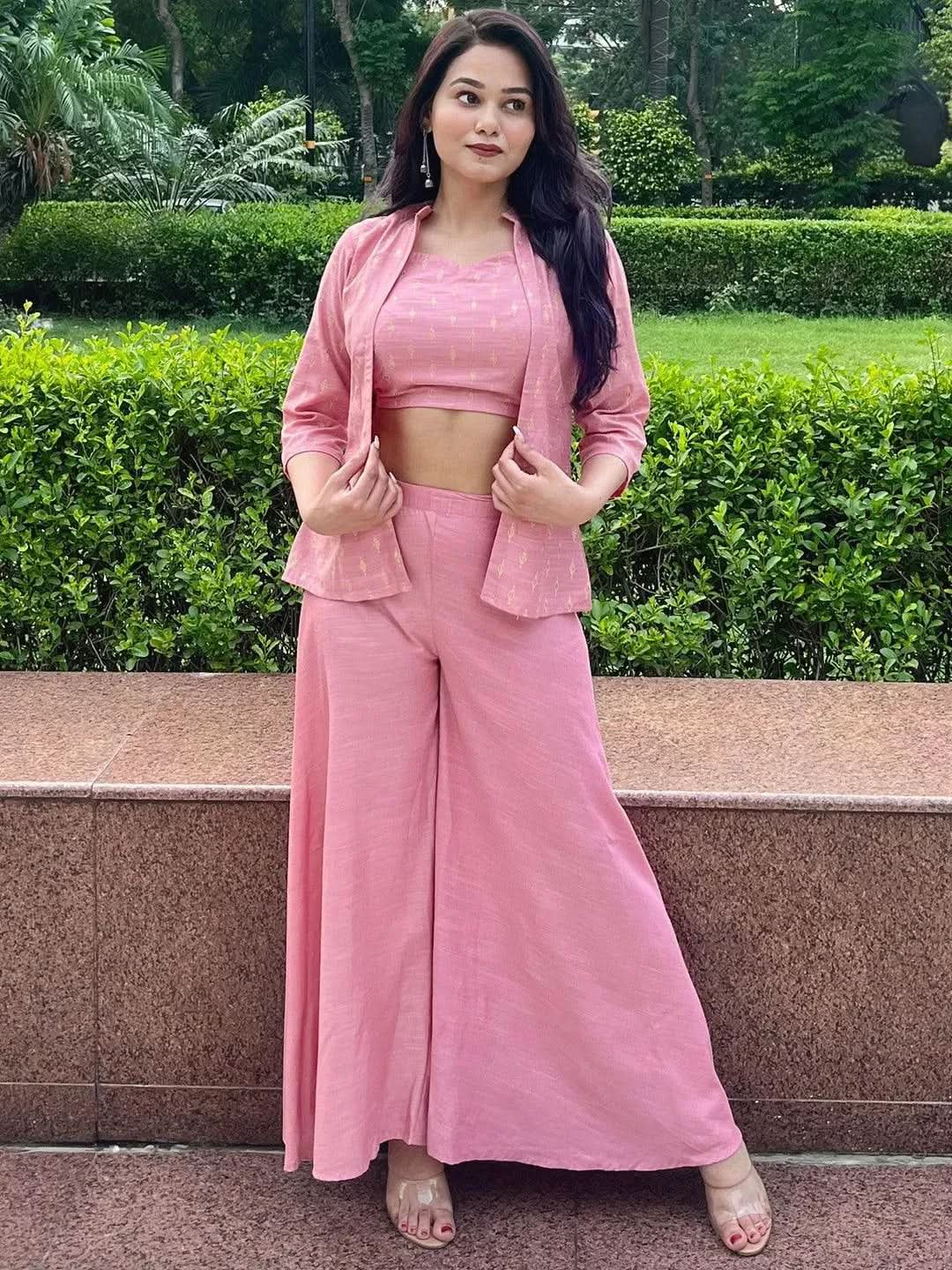 Pink Self Design Silk Blend Top With Palazzos & Jacket - Libas