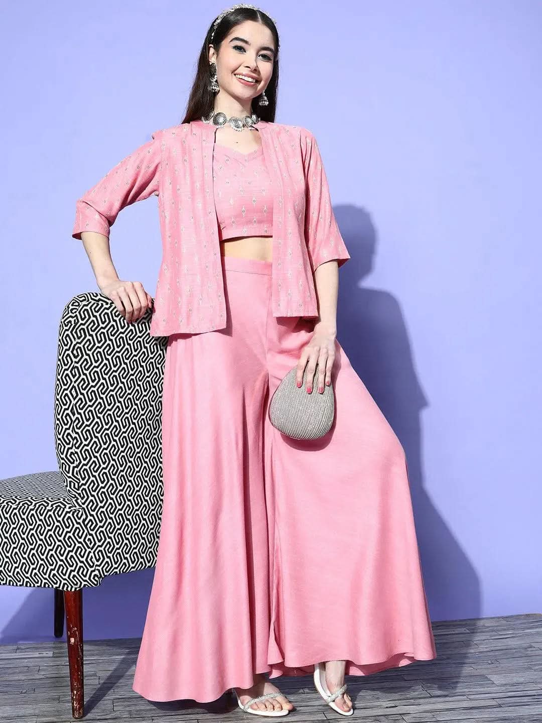 Pink Self Design Silk Blend Top With Palazzos & Jacket - Libas 