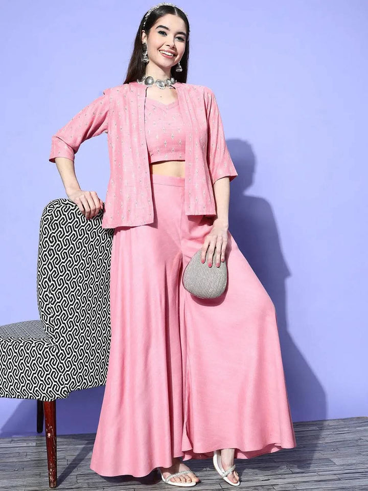 Pink Self Design Silk Blend Top With Palazzos & Jacket - Libas