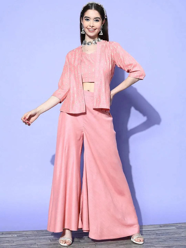 Pink Self Design Silk Blend Top With Palazzos & Jacket - Libas