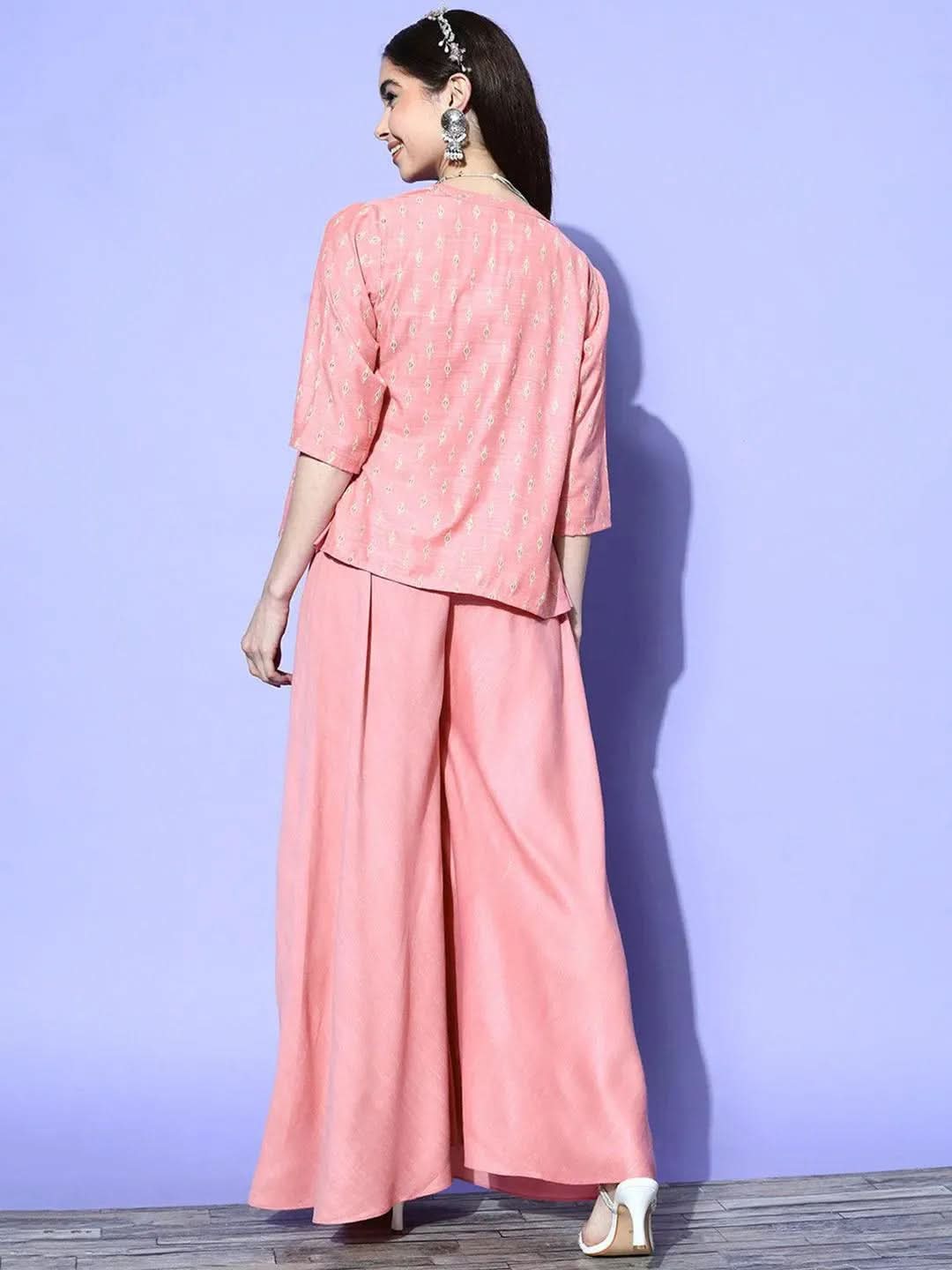 Pink Self Design Silk Blend Top With Palazzos & Jacket - Libas 