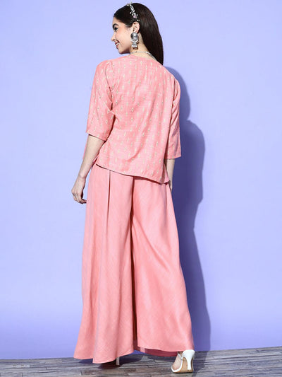 Pink Self Design Silk Blend Top With Palazzos & Jacket - Libas