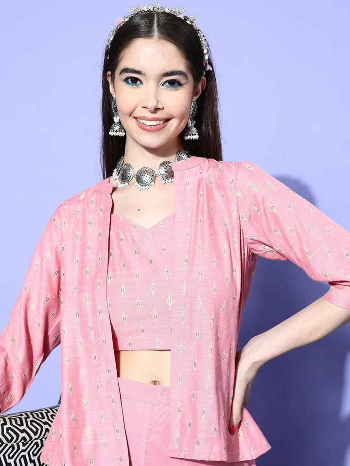 Pink Self Design Silk Blend Top With Palazzos & Jacket - Libas