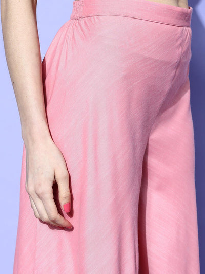 Pink Self Design Silk Blend Top With Palazzos & Jacket - Libas