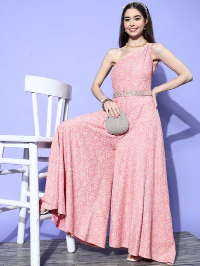 Pink Self Design Silk Jumpsuit - Libas
