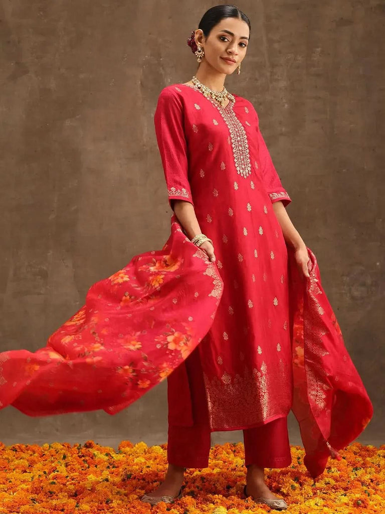 Libas Pink Self Design Silk Straight Kurta With Trousers & Dupatta