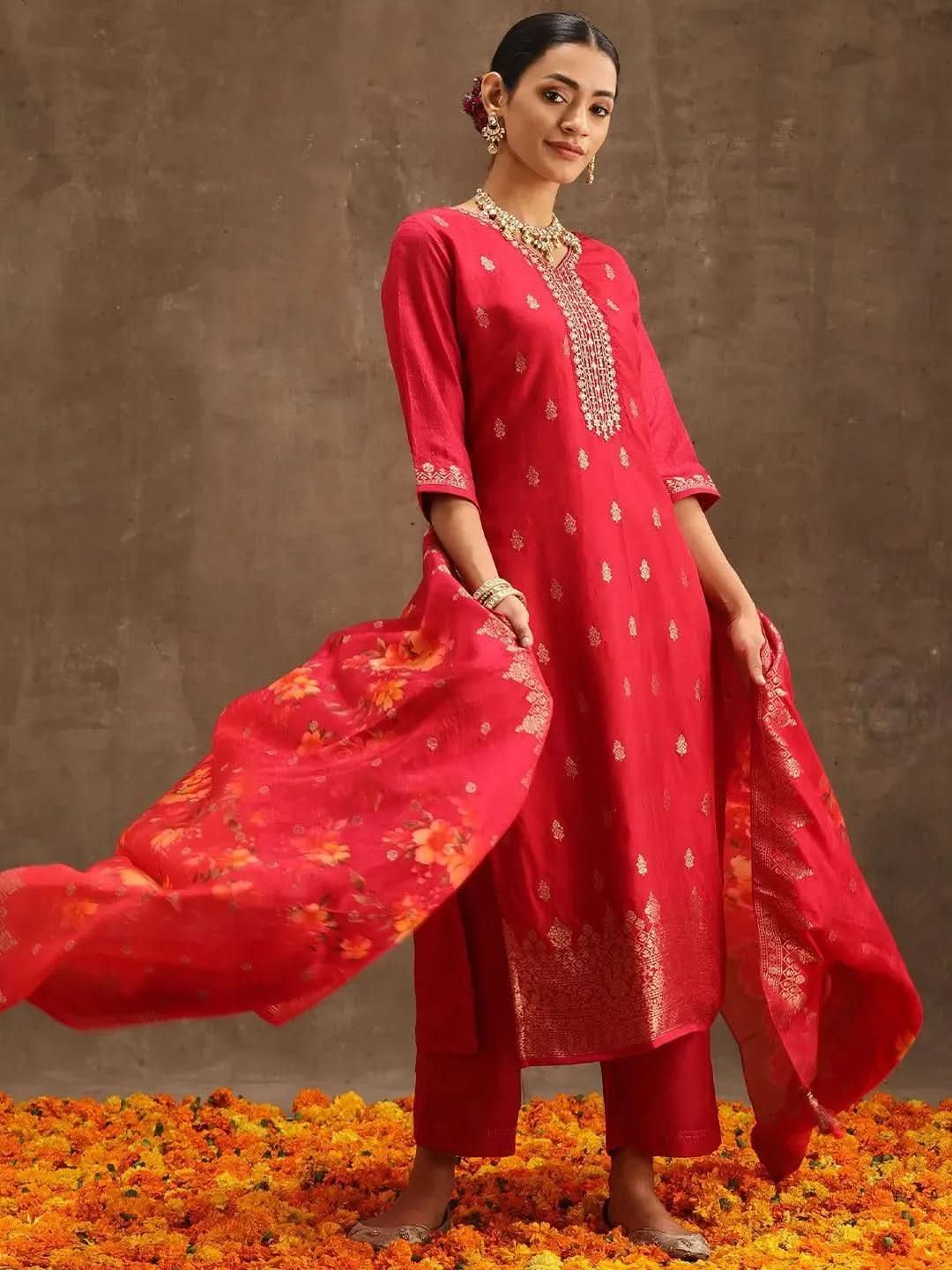 

Pink Self Design Silk Straight Kurta With Trousers & Dupatta