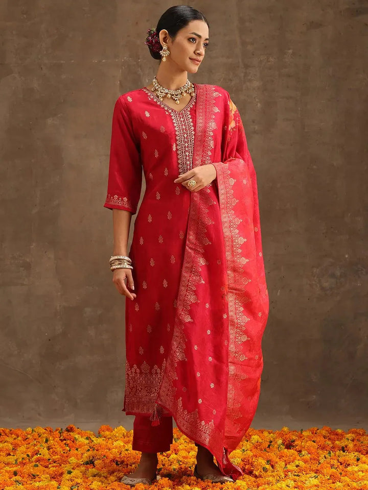 Pink Self Design Silk Suit Set With Trousers - Libas