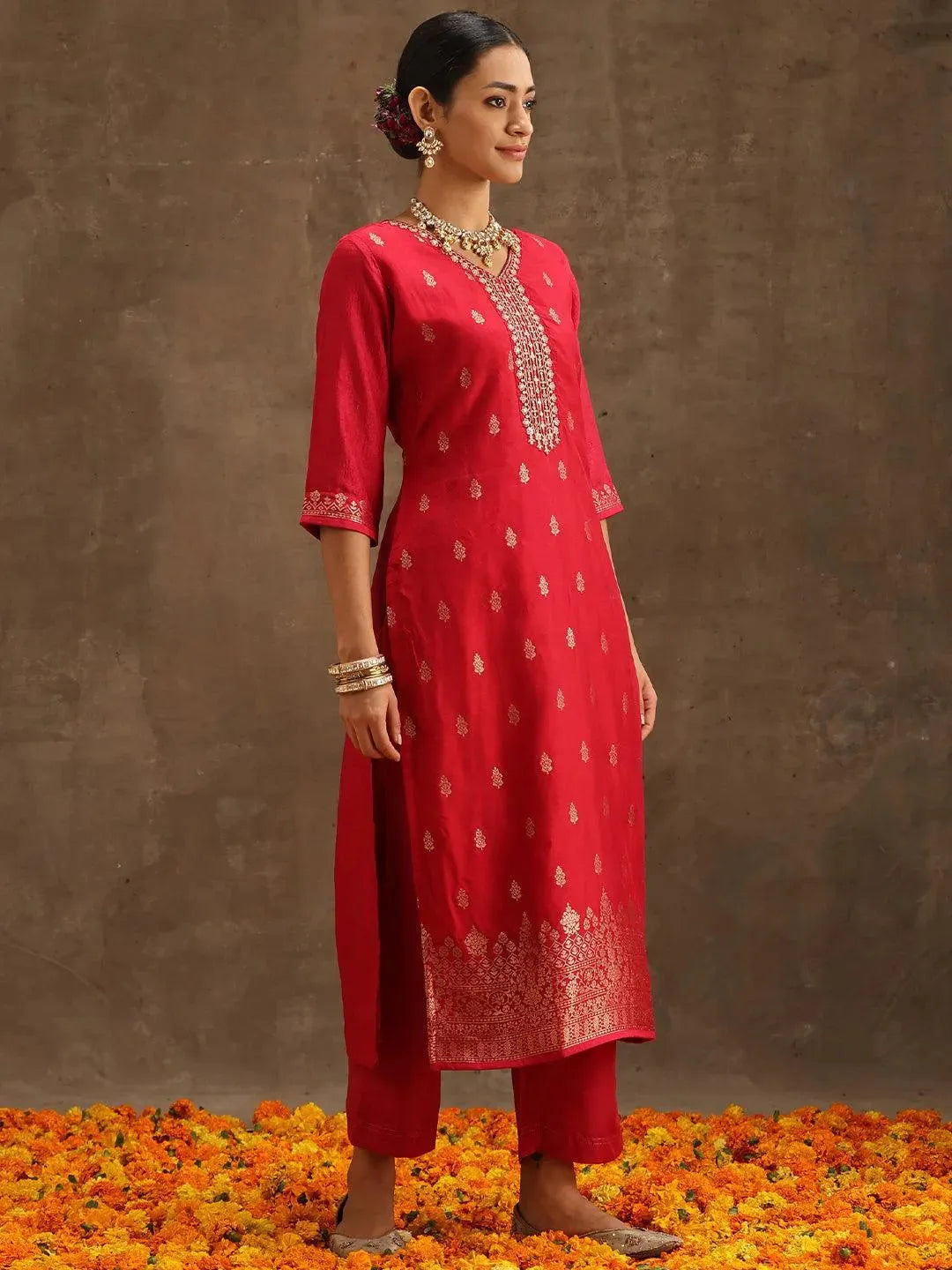 Pink Self Design Silk Suit Set With Trousers - Libas 