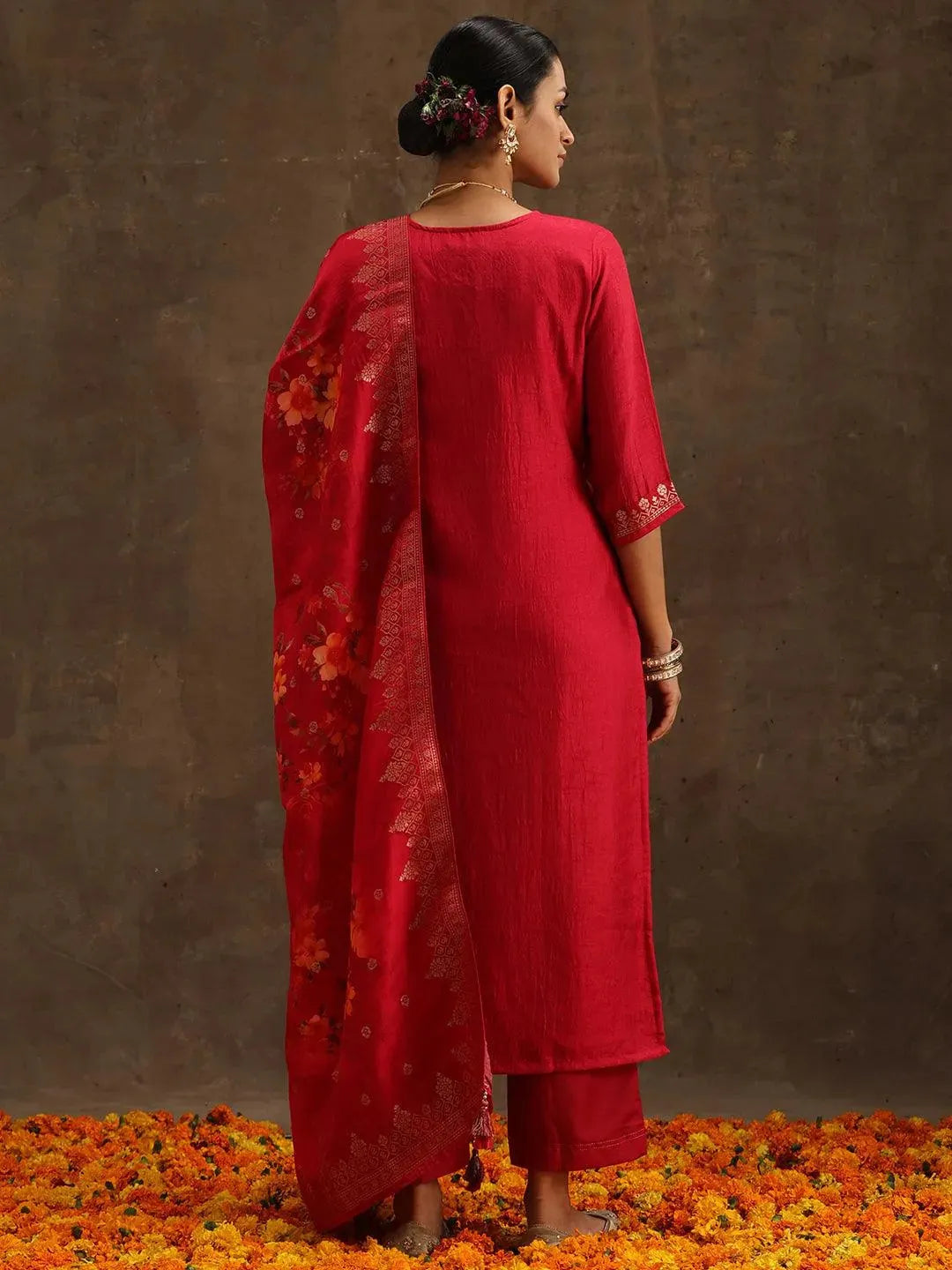 Pink Self Design Silk Suit Set With Trousers - Libas 