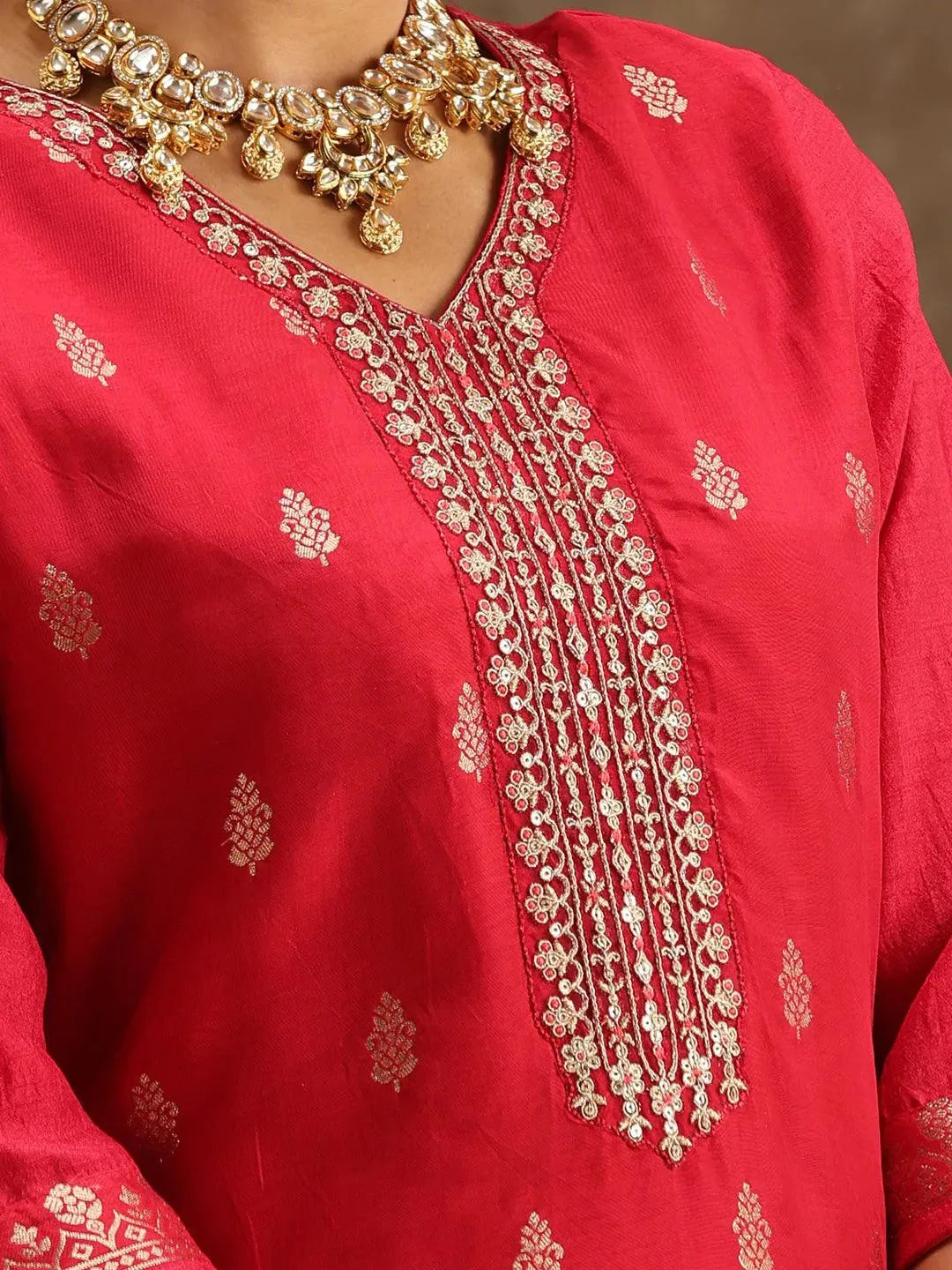 Pink Self Design Silk Suit Set With Trousers - Libas 
