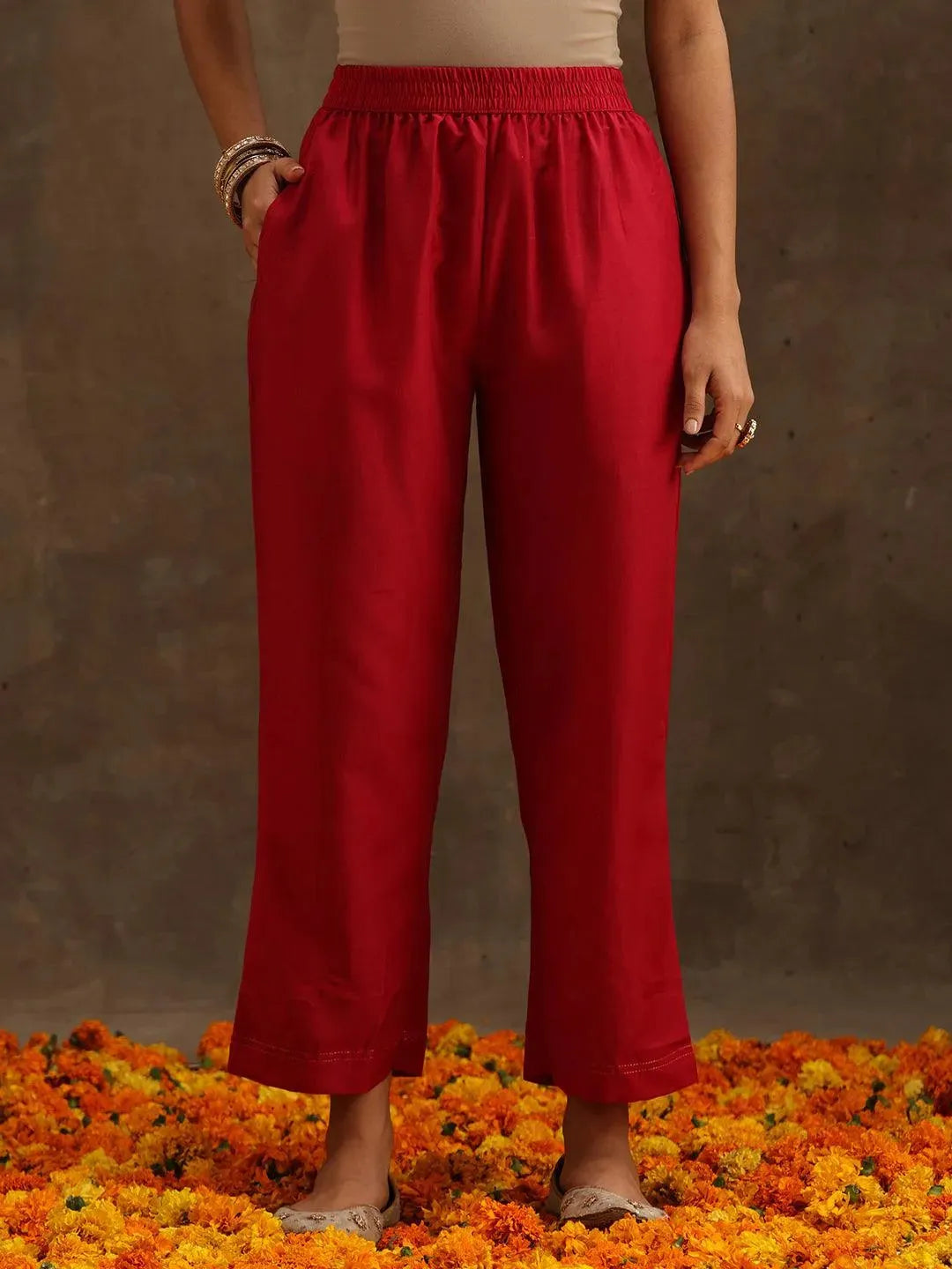 Pink Self Design Silk Suit Set With Trousers - Libas 