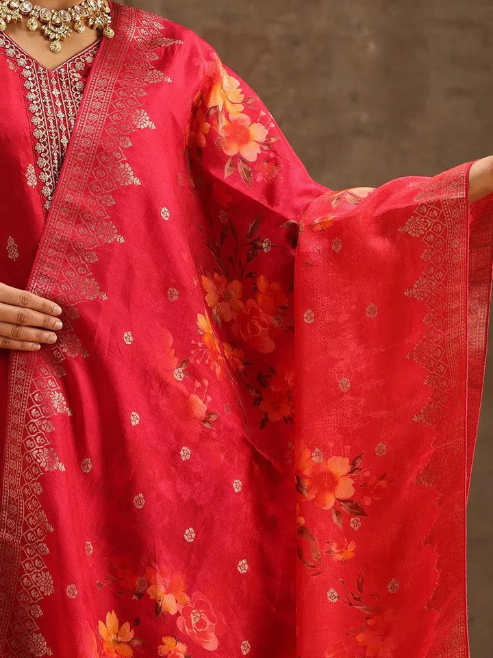 Pink Self Design Silk Suit Set With Trousers - Libas