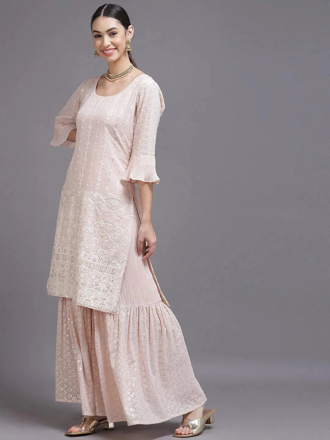 Pink Sequinned Georgette Straight Suit Set With Potli - Libas 