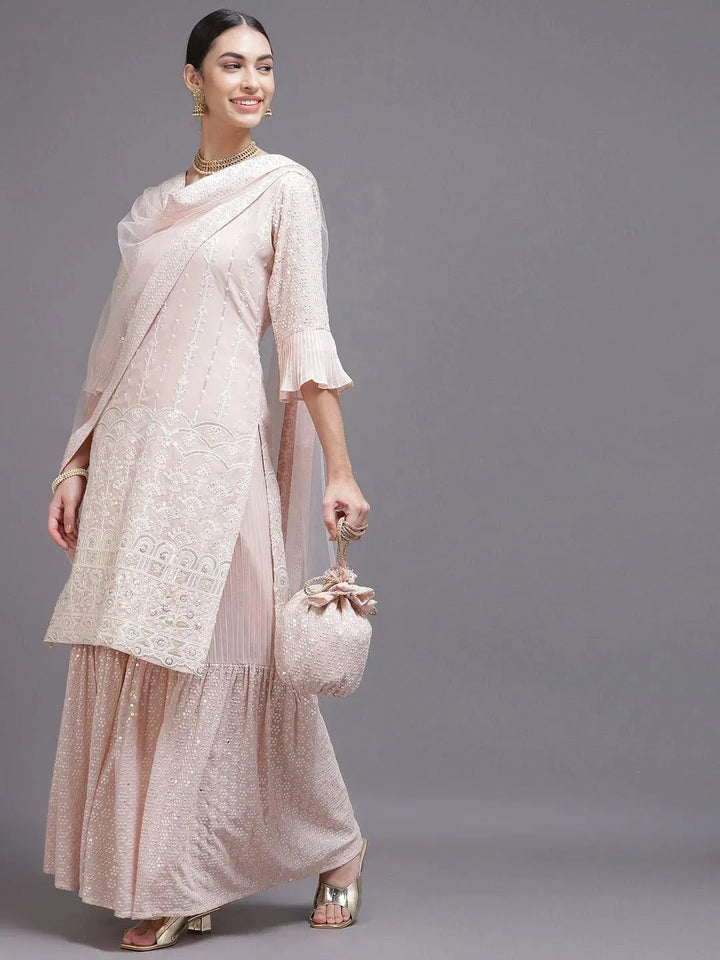 Pink Sequinned Georgette Straight Suit Set With Potli - Libas