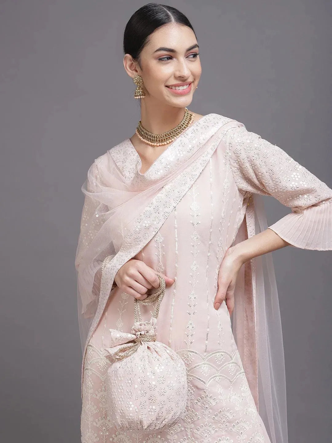 Pink Sequinned Georgette Straight Suit Set With Potli - Libas 