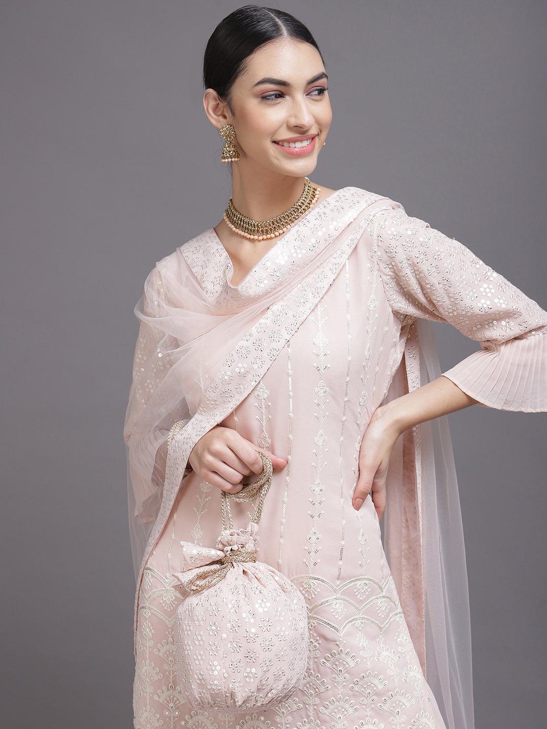 Pink Sequinned Georgette Straight Suit Set With Potli - Libas