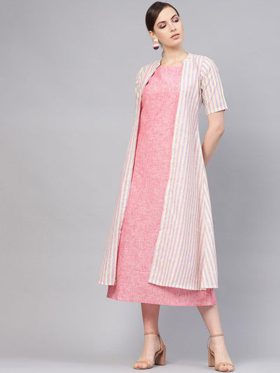 Pink Solid Cotton Dress With Jacket - Libas