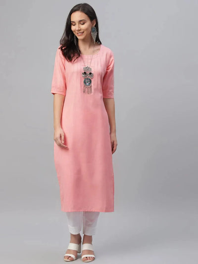 Pink Solid Cotton Kurta - Libas